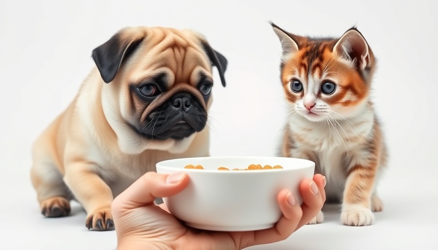 Pug with kitten and food bowl illustrating dangerous dog feeding practices.