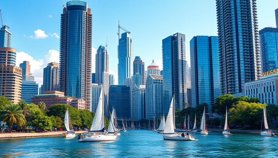 Skyline view with sailboats on river, perfect for Chase Vacation Home Rentals.