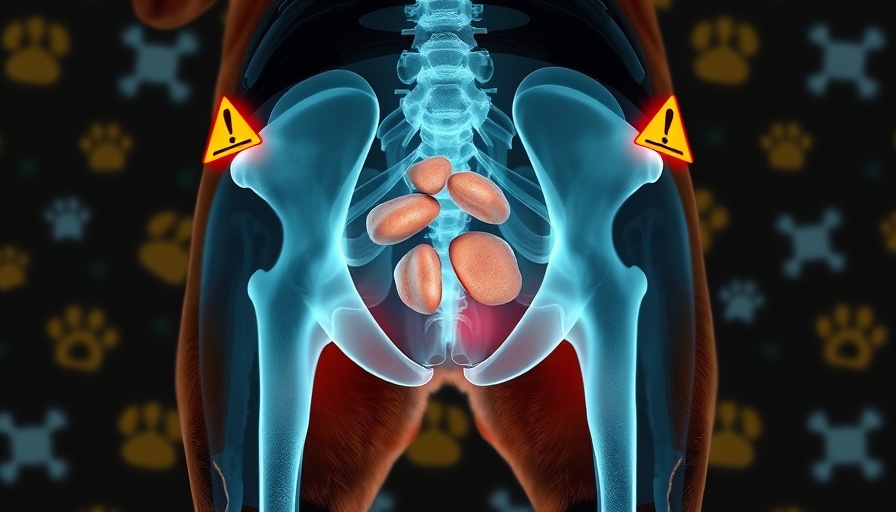 X-ray of pet with highlighted bladder stones, warning symbols.