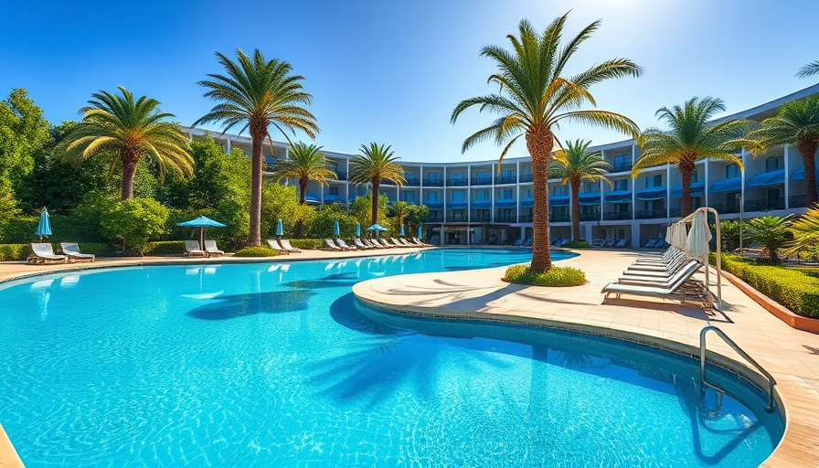 Luxurious hotel pool area near major cities, sunny sky.