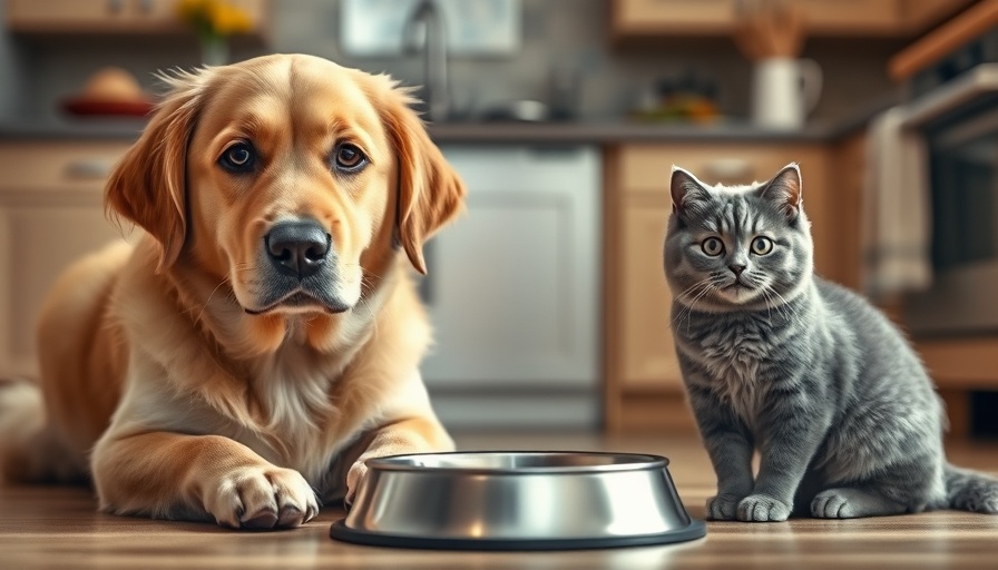 Cats and dogs nutrition: dog and cat curiously eye food bowl.