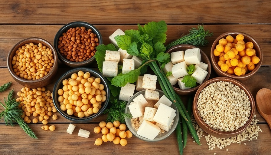 Assortment of sustainable protein sources on a rustic table.