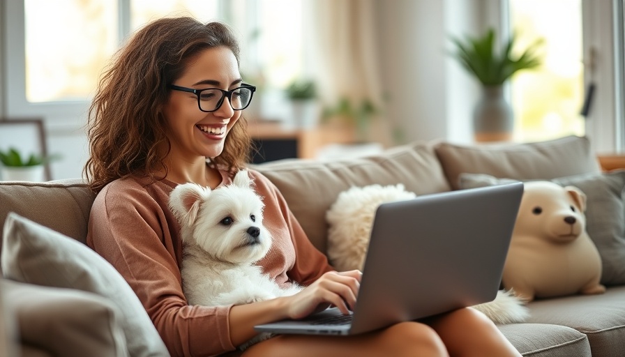 Woman browsing early Prime Day deals on laptop with dog.