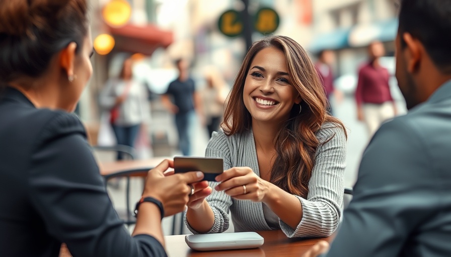 A woman smiles as she pays with a credit card, discussing annual fees.