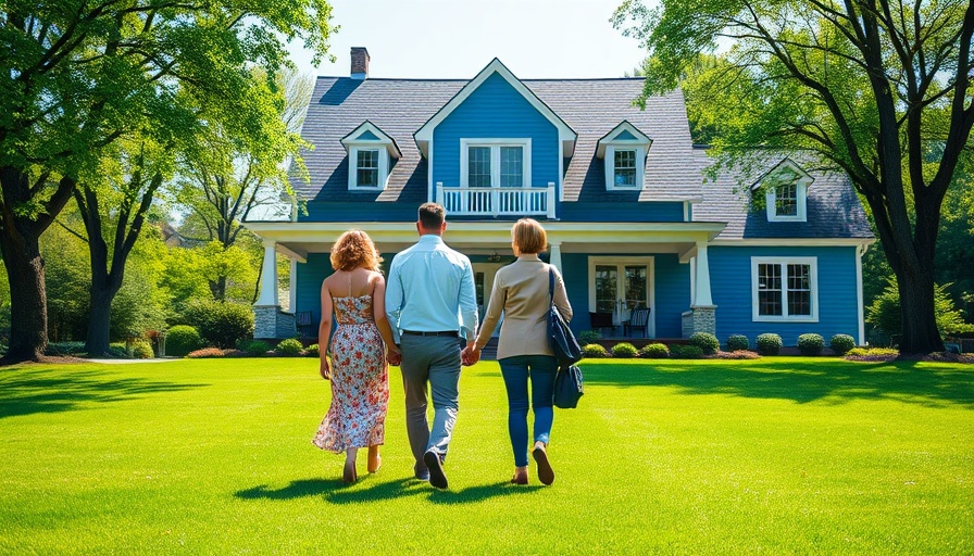 Charming couple with real estate agent approaching blue home.