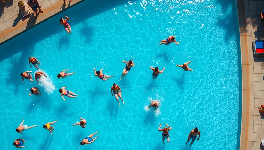 Overhead view of a vibrant pool scene, people swimming.