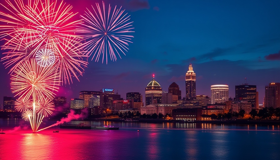 Boston July 4th fireworks over city skyline with colorful reflections.