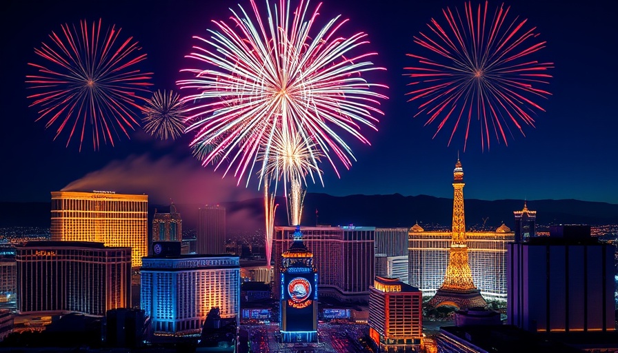 4th of July fireworks in Las Vegas skyline at night.