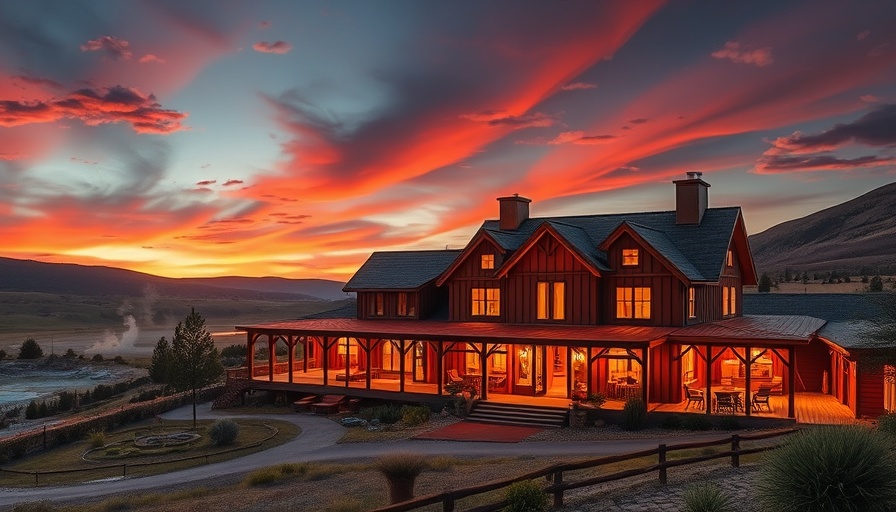 Charming national park hotel with twilight sky and geyser.