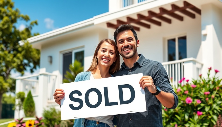 Happy couple sells home tax-free, holding 'SOLD' sign.