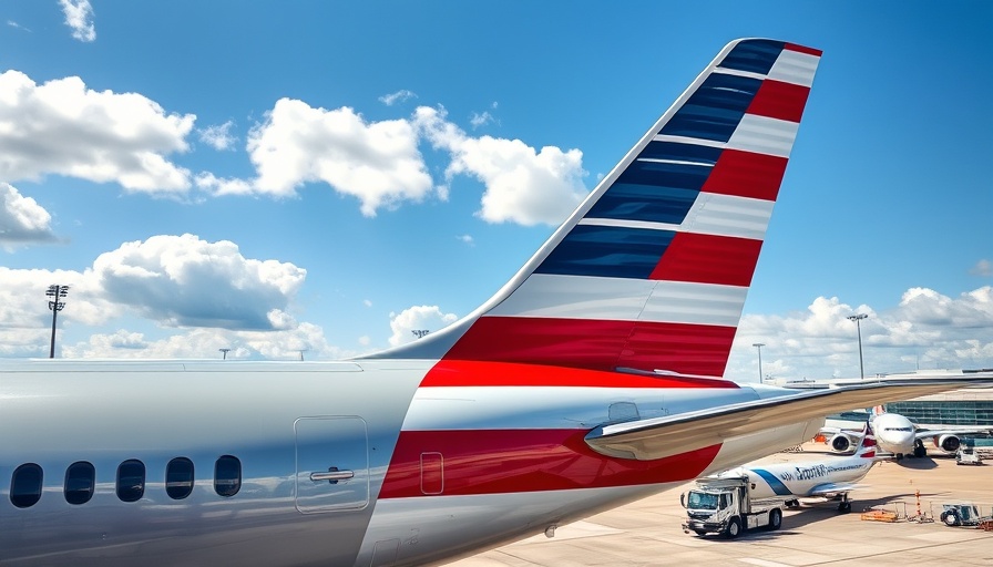 American Airlines plane tail with vibrant stripes on airport tarmac, symbolizing Latin America expansion.