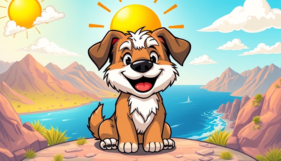 Cartoon dog sits on a hill, vibrant hiking scenery, Hiking with Dogs.