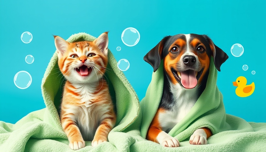 Pet health tips for bath time; a cat and dog wrapped in towels.