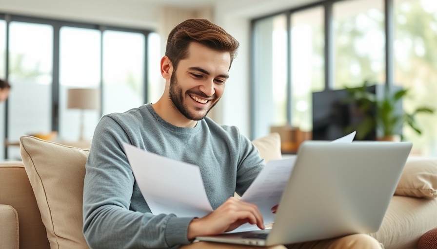 Young man evaluating house affordability with documents and laptop.