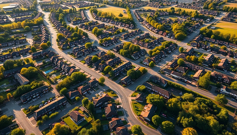 Aerial view of suburban neighborhood in US housing market.