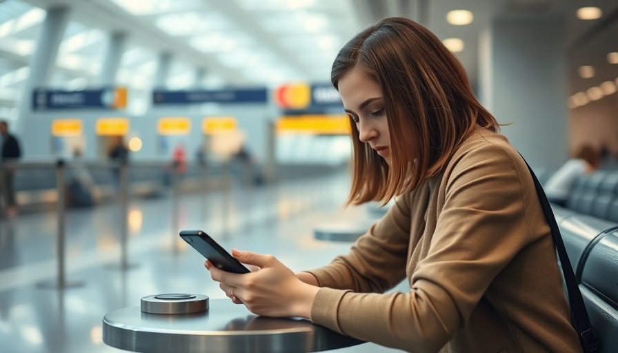 Charging your phone at the airport; woman seated, phone charging.