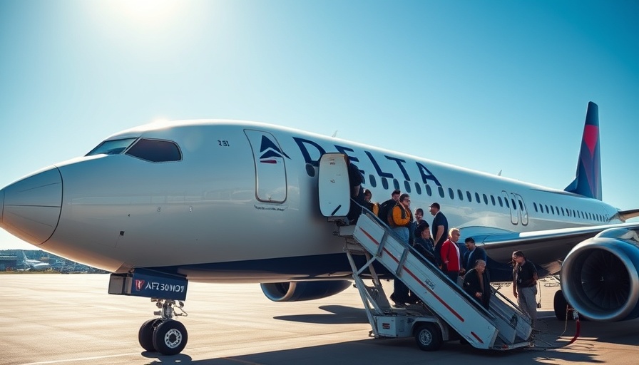 Delta airplane at airport with passengers boarding, clear sky.