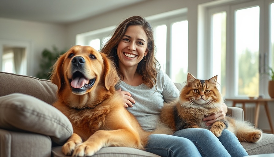 Pet wellness routine with happy woman, dog, and cat.