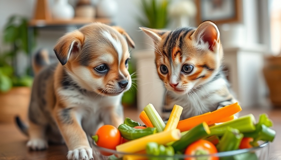 Adorable puppy and kitten with fresh vegetables promoting pet health.