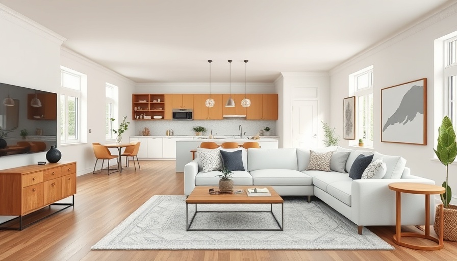 Open-concept living room and kitchen, home staging tips.