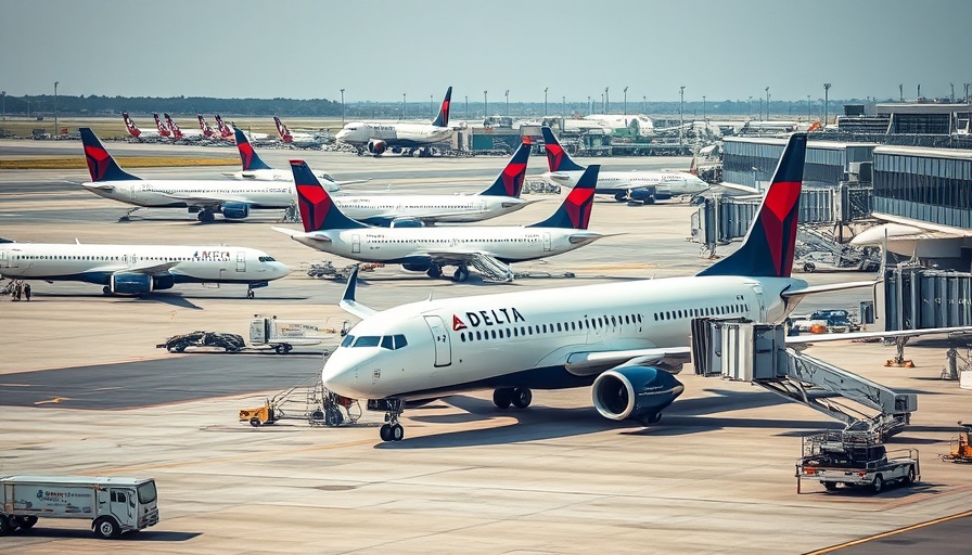 AI airfare pricing: Delta aircraft taxiing on a busy airport tarmac.