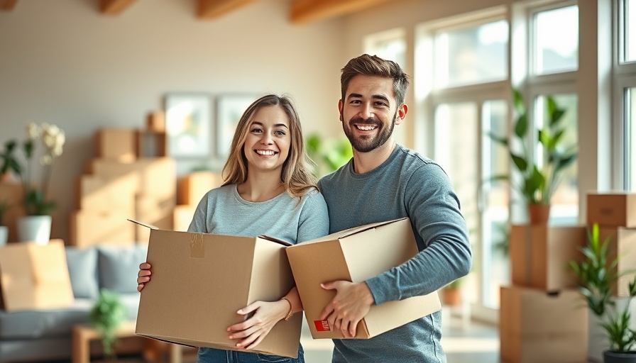 Happy couple moving boxes into new home, no-contingency offer in real estate.