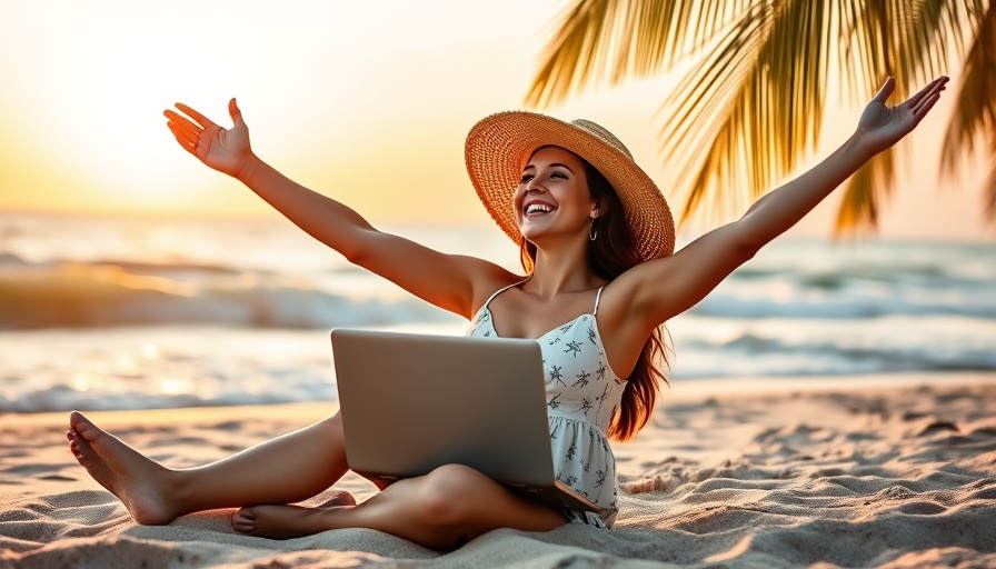 Woman enjoying work-from-anywhere job on beach at sunset.