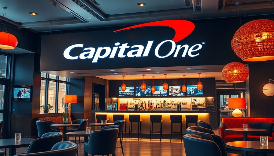 Modern Capital One lounge interior with orange decor.