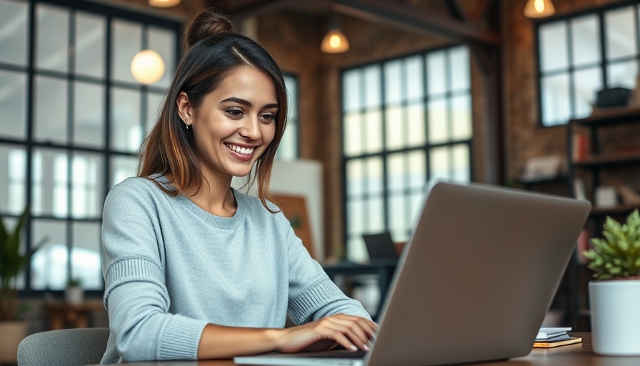 Smiling young woman taking free Ivy League online courses at home.