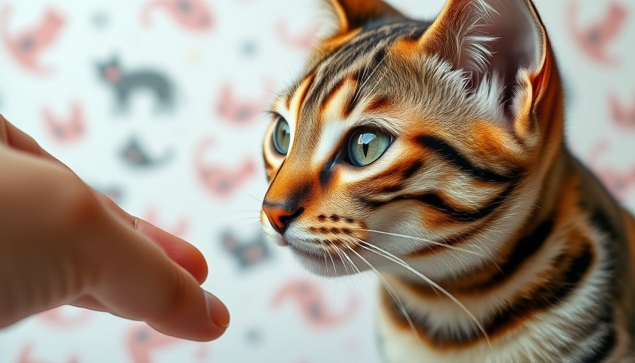 Curious cat sniffing a hand in a playful cat-themed graphic.