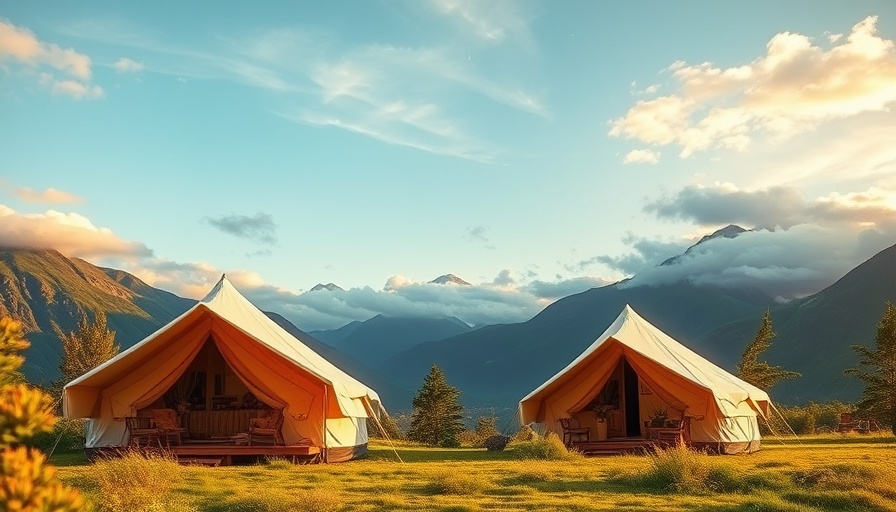 Luxurious glamping tents near a national park under a cloudy sky.