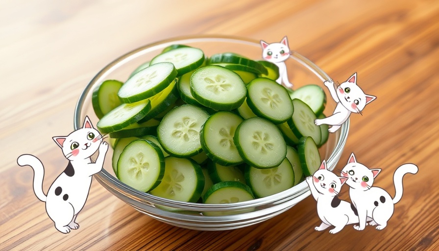 Pet health tip: Cucumbers in a bowl with playful cats.