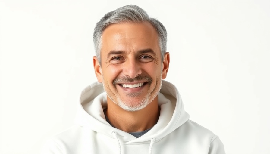 Middle-aged man smiling confidently in a white hoodie.