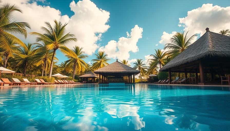 Tropical resort poolside with thatched-roof bar and palm trees.