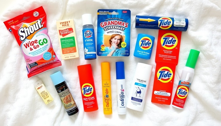 Collage of travel-friendly stain removers on white fabric