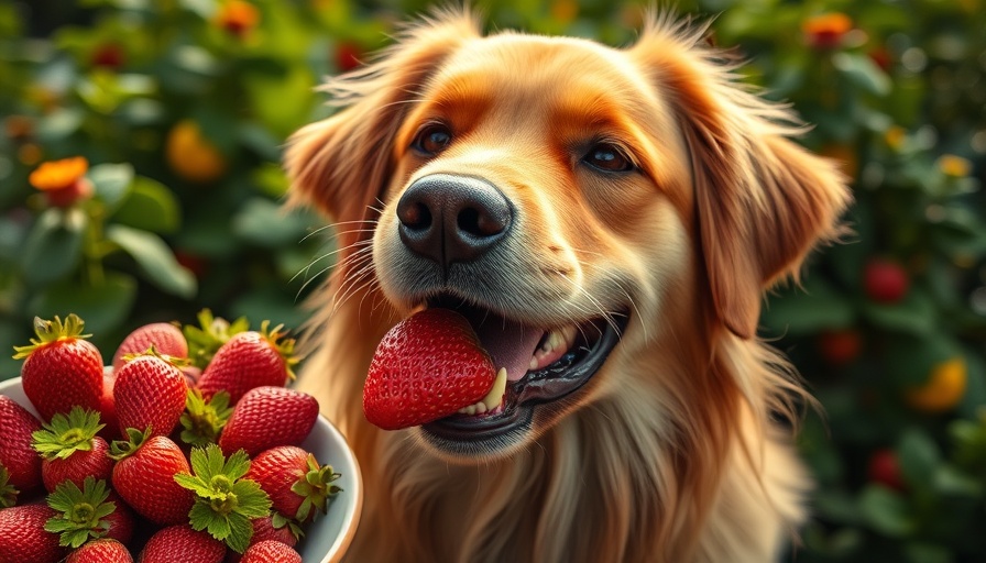 Dog enjoying strawberries in a lush garden.
