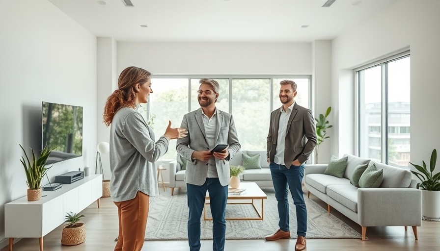 Real estate agent showing a house to potential buyers in modern living room.