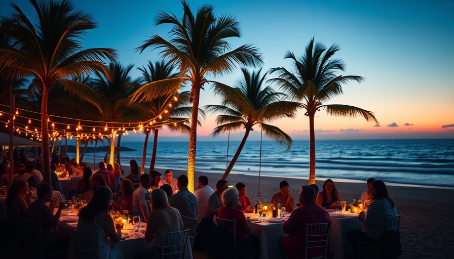 Tropical outdoor party with lights and palm trees at sunset.