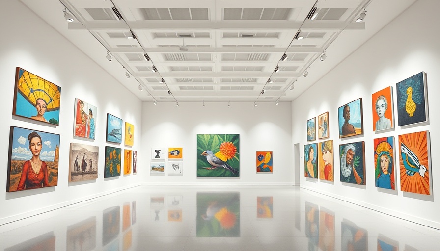 Modern art exhibits in New York City gallery with vibrant paintings.