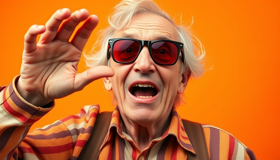 Colorful elderly woman expressing lively emotions, orange backdrop.