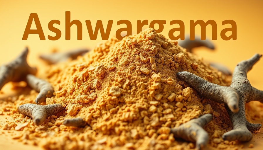 Ashwagandha powder and roots on a spoon; herb aids senior pets.
