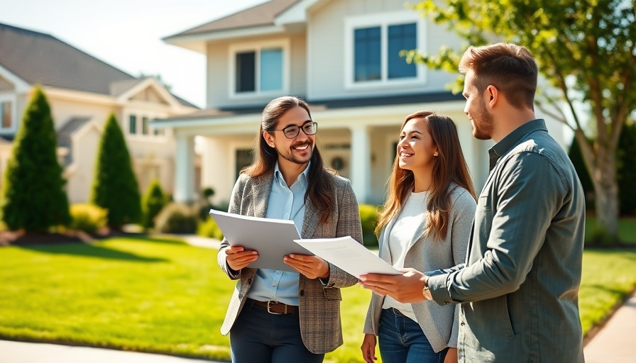 Agent and couple discuss home sale for job relocation in sunny suburbs.