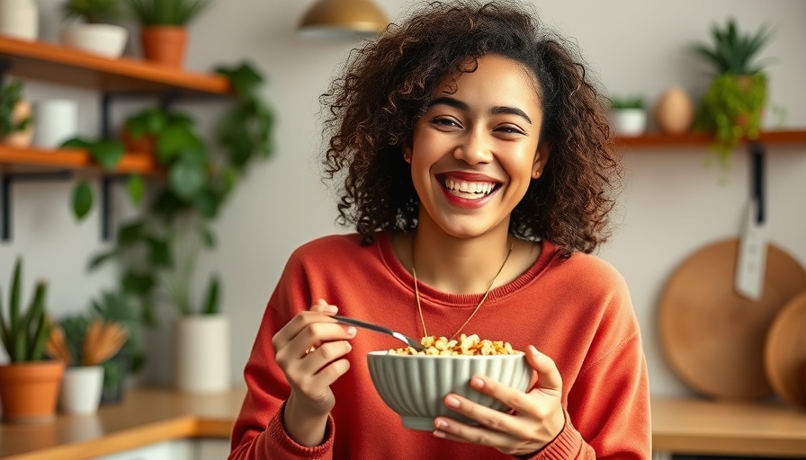 Woman enjoying breakfast cereals with sugar in a cozy kitchen.