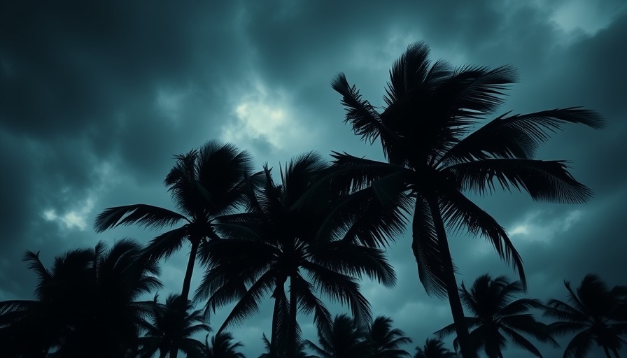 Silhouetted palm trees swaying during hurricane storm.