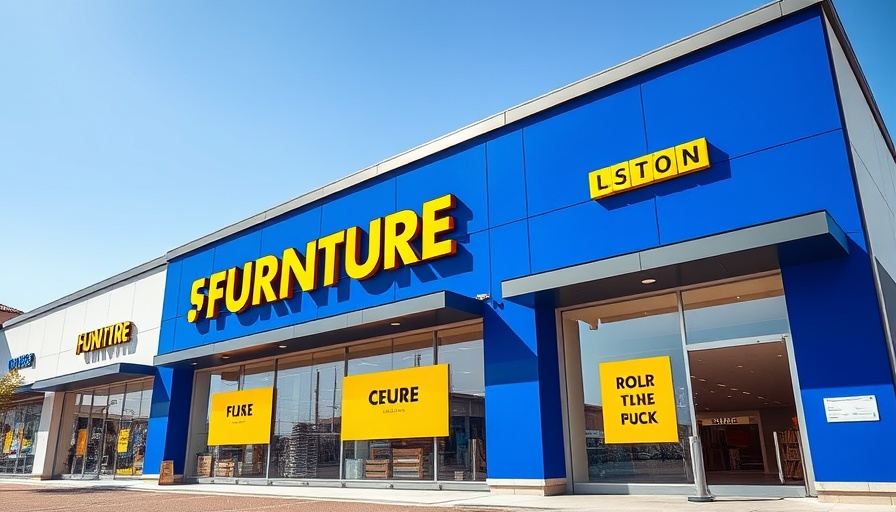 Modern furniture store promoting Labor Day sales with bright blue and yellow exterior.