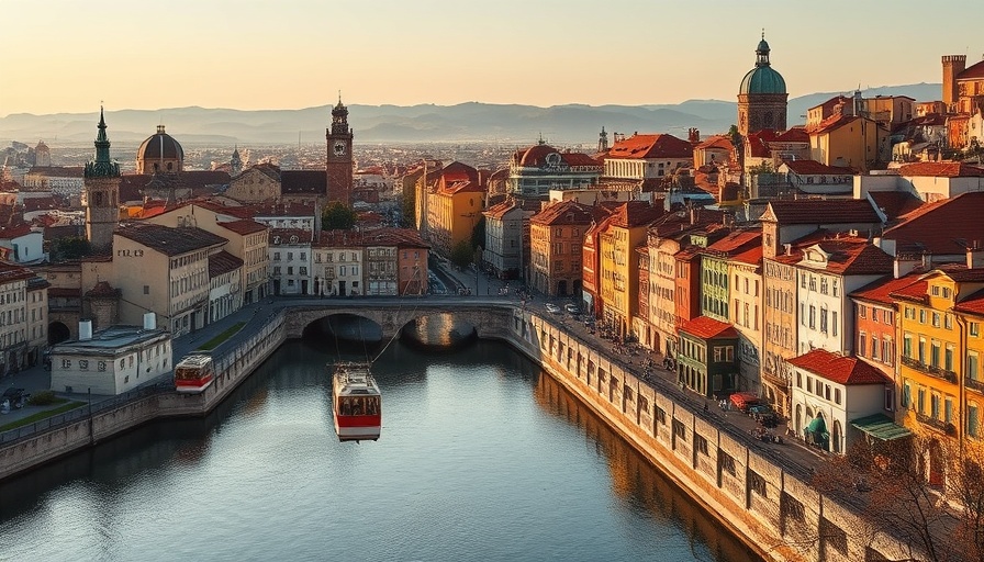 Beautiful European cityscape with cable cars in fall