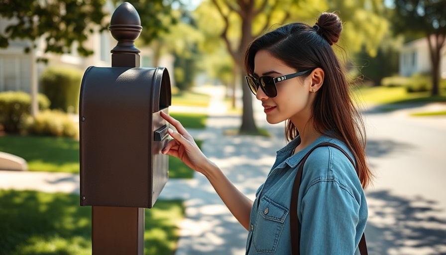 Woman checking mailbox on sunny street in September