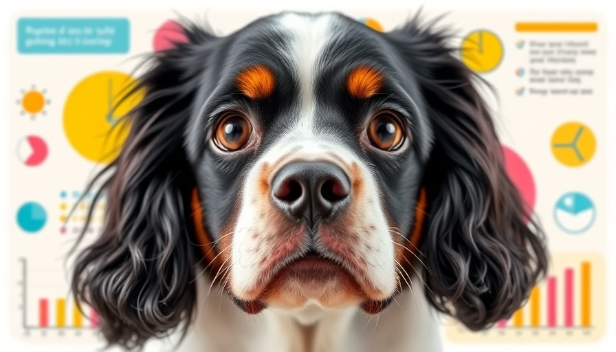 Spaniel dog with dilated pupils in a stylized infographic design.