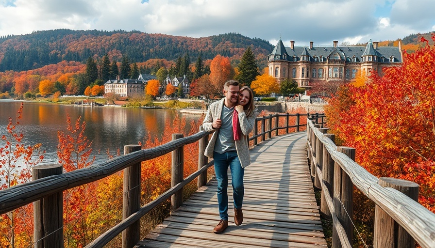 Charming couple enjoying fall foliage near historic hotel for leaf peeping.