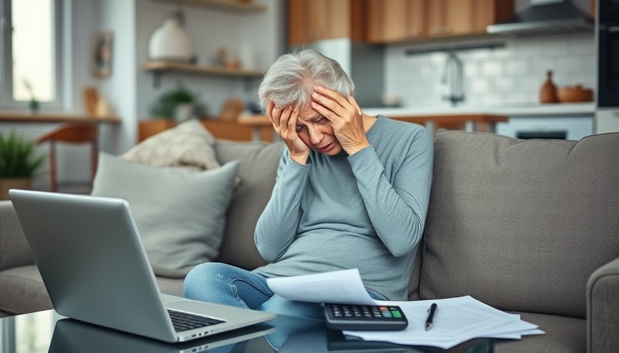 Stressed older woman with laptop, related to retirement financial literacy quiz.
